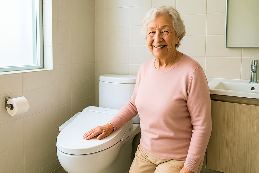 Bidet seat installation Gold Coast - Mary with arthritis rests her hand on a modern Toto bidet toilet in a bright, age-friendly bathroom.