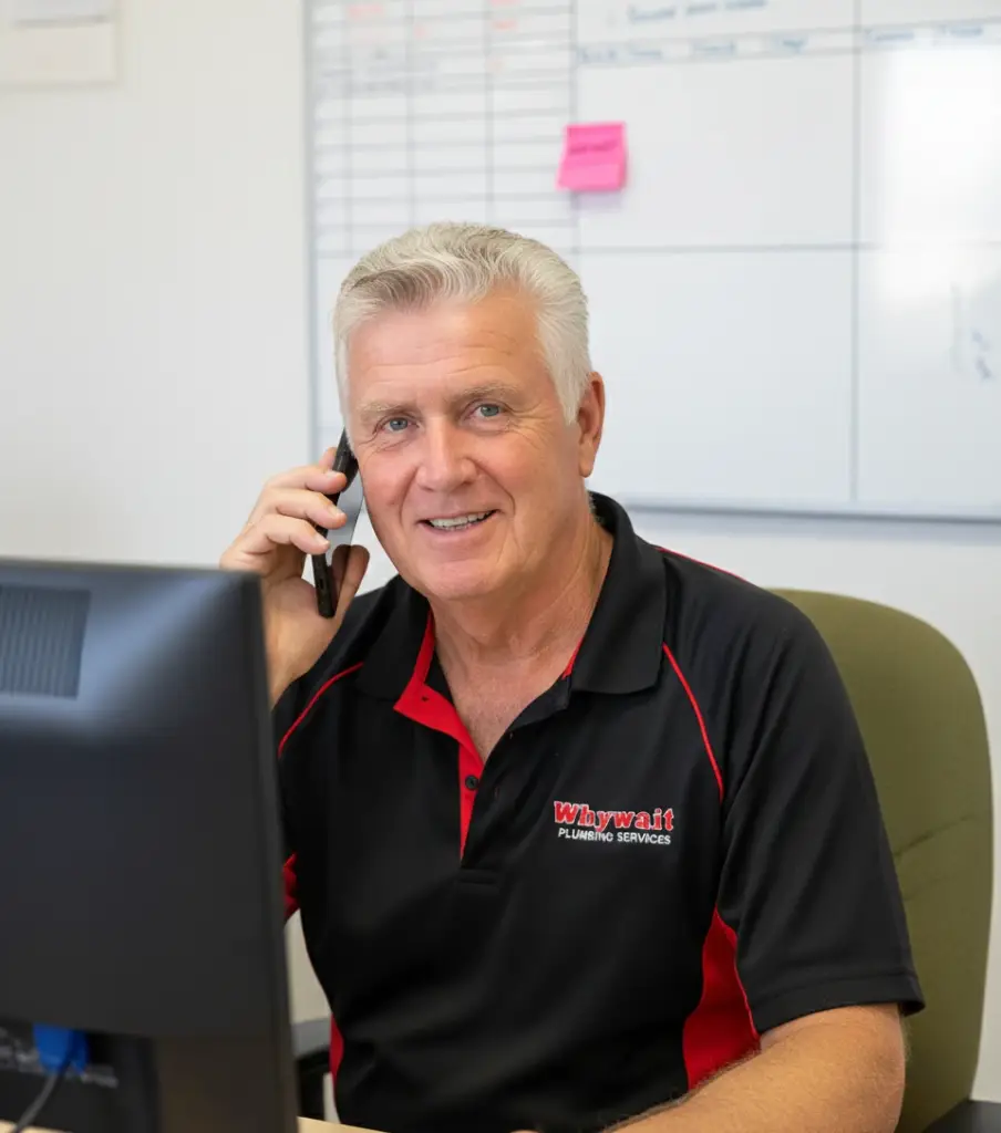 Whywait Plumbing team member answering the phone in our Hope Island office.