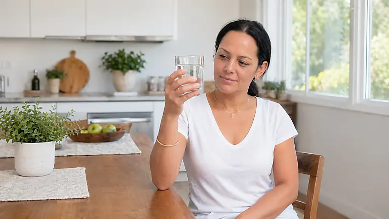 Lyneth D Smith drinking a glass of Gold Coast tap water from a Taqua water filter tap